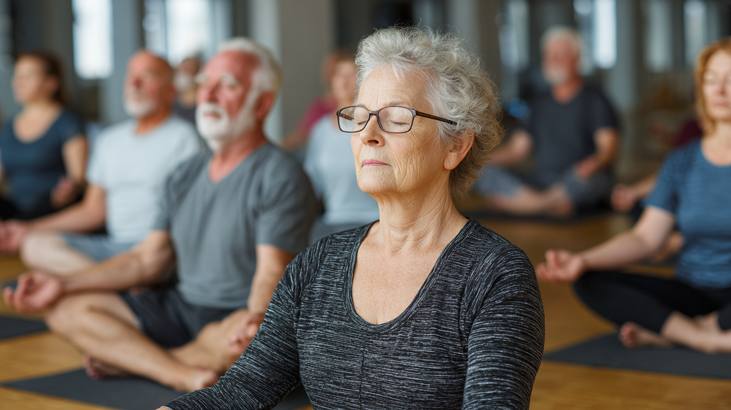 Grup de seniori practicând yoga în poziții de adaptare, cu instructorul demonstrând modificări gentle